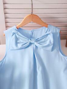 Girls' Elegant Sleeveless Dress With Bowknot Decor And Ruffle Hem, Children's Graceful Red Sleeveless Dress, Suitable For Spring And Summer - Mint Blue - View 7