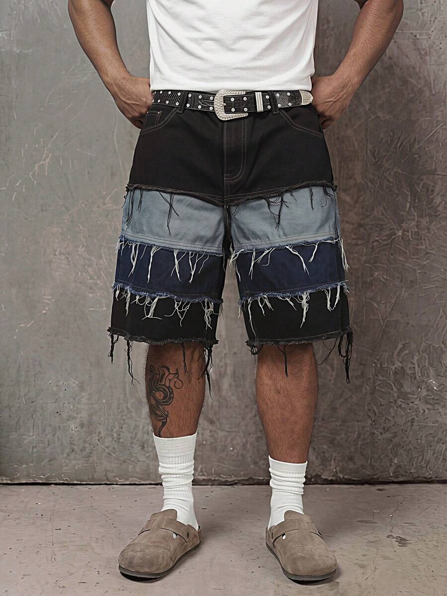 RHETRK Unisex American Style Distressed Hem Denim Shorts - Multicolor - View 1