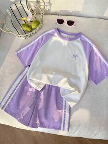 Elladie kids Bộ trang phục thường ngày cho bé gái: Áo thun tay ngắn raglan in hình nơ và quần short. - Màu tím - Xem 4