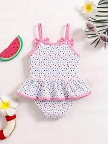 SHEIN Baby Girl Knitted Polka Dot Ice Cream Pattern Romper Swimsuit - Multicolor - View 2