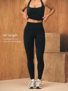 GLOWMODE Legging Olahraga Musim Panas 24" Ultrafine Lembut Tanpa Jahitan SunKissed Sculpt Pinggang Tinggi Pengangkat Bokong Kompresi Scrunch Lapisan Ganda - Hitam - View 4