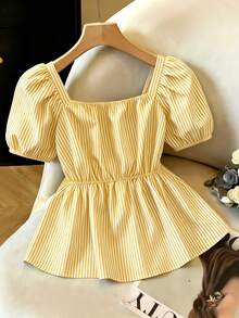 Franclia Áo kiểu nữ màu xanh sọc mới, tay phồng, thắt nơ phía trước, eo xếp ly, vạt xòe, thích hợp mặc thường ngày/đi làm/đi nghỉ. - Màu vàng - Xem 2