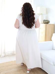 Pretty and Ole 優雅杏色大尺碼A字版梭織洋裝，方領小飛袖長版傘裙擺夏款 - 杏色 - 查看 2