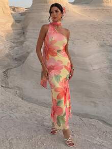 Firerie Đầm dài in họa tiết hoa nhuộm tie-dye bất đối xứng cổ nơ hở lưng dành cho nữ mùa hè, đầm dài in họa tiết, đầm hè hở lưng gợi cảm, đầm phong cách bohemian, đầm hở lưng cổ chữ V sâu. - Nhiều màu - Xem 4