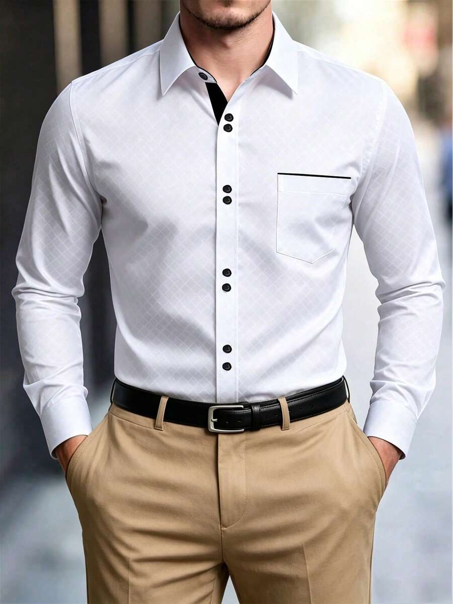 Manfinity Mode 男士商务单排扣长袖衬衫 - 白色 - 查看 1