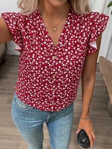 SHEIN Clasi Women's V-Neck All-Over Print Casual Versatile Daily Wear Shirt,Summer Top - Burgundy - View 6