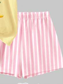Bộ đồ đôi gồm áo thun ngắn tay cổ tròn và quần short cho bé gái, màu vàng kem và hồng tươi kẻ sọc, họa tiết trái cây dứa, dừa, thích hợp cho bé mặc hàng ngày vào mùa xuân/hè, phong cách đường phố, đi nghỉ mát, đi nông trại, nghỉ dưỡng, và các trang phục mùa xuân/hè khác. - Nhiều màu - Xem 6