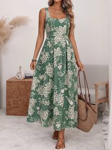 Florisole Đầm midi nữ cổ chữ U, dây bản rộng, thắt eo, lưng xếp ly, dây buộc điều chỉnh, hở lưng, họa tiết chấm bi lớn lãng mạn, phong cách tối giản Pháp cổ điển thanh lịch, phù hợp cho công sở, đi làm, kinh doanh, thường ngày, đi biển, nghỉ dưỡng, mùa xuân/hè. - màu xanh lá - Xem 4