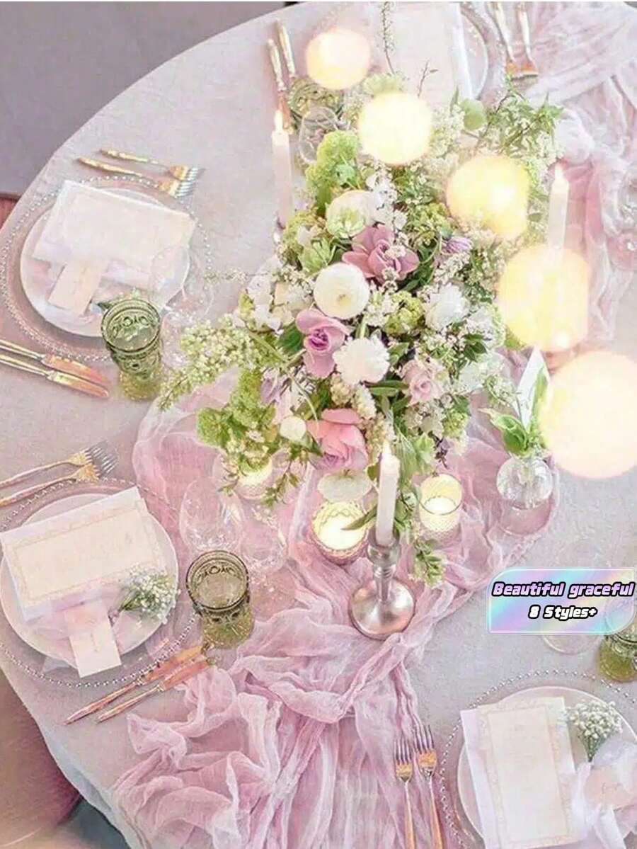 Bohemian Style Sheer Table Runner. Romantic Farmhouse Cheese Cloth Long Table Runner For Wedding Bride Party Birthday Decor(Pink) - Pink - View 1