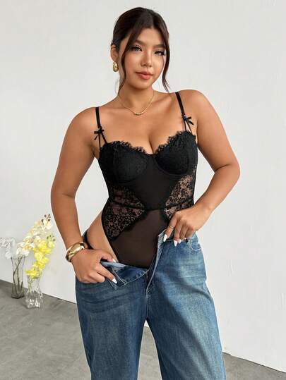 Firerie Plus Size Women Lace Patchwork Bow Decor Sexy Versatile Date Night Bodysuit