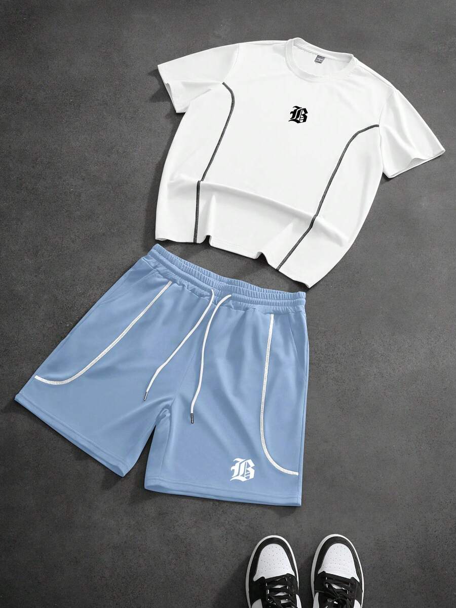 PAVTROS Men's Letter Print Round Neck Short Sleeve T-Shirt And Drawstring Waist Shorts Casual Set - Multicolor - View 1