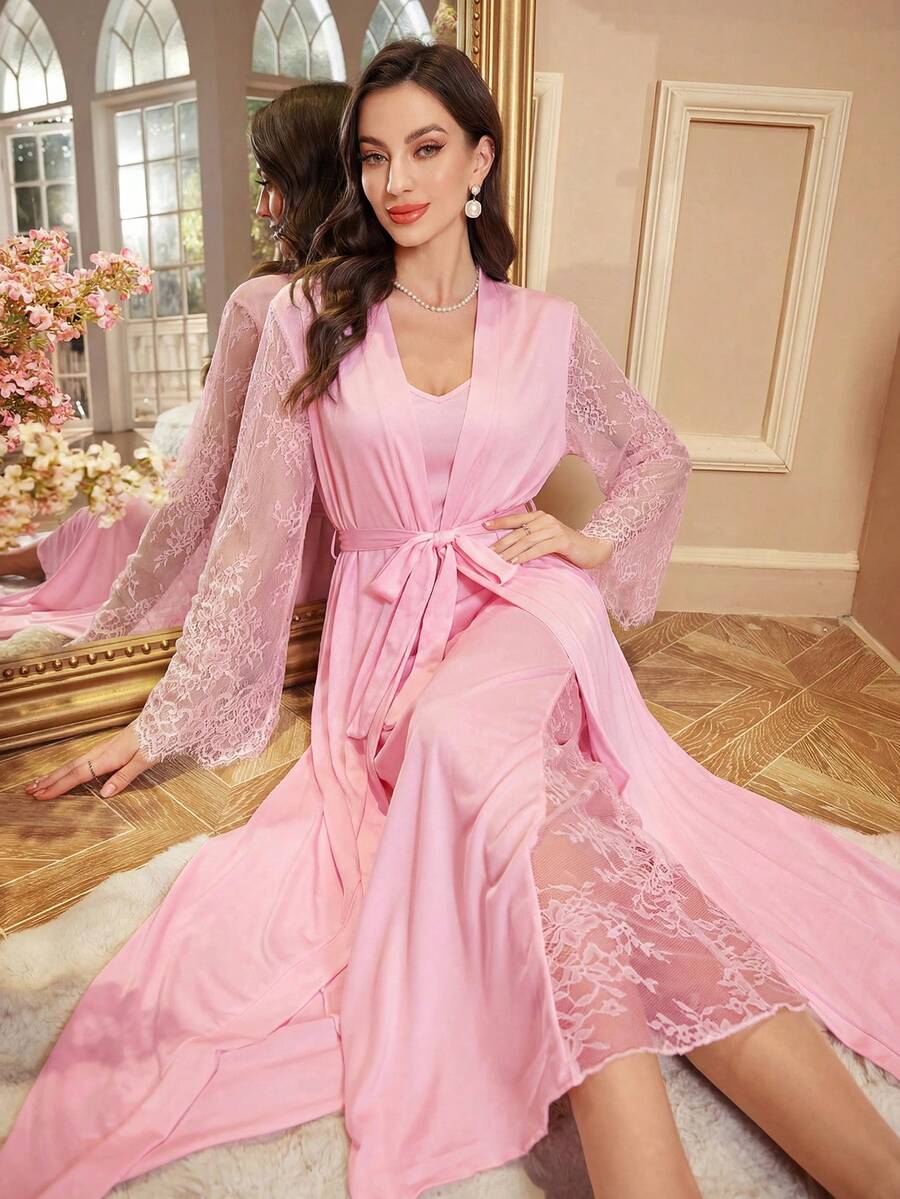 SHEIN Sexy High Slit Robe & Elegant Robe 2-Piece Sleepwear Set For Women, Autumn/Winter - Pink - View 1