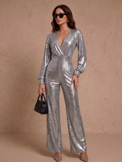 Glamine Women's Solid Color Deep V-Neck Long Sleeve Ruched Jumpsuit, Regular Fit, New Year Outfit Jumpsuits For Woman Party Sequin Jumpsuit Silver Outfits For Women Long Sleeve Jumpsuits For Woman Metallic Clothes For Women,Valentine's Day Jumpsuits For Woman Sexy Sparkly Jumpsuit Sequin Jumpsuit For Women Sparkly Jumpsuit For Women