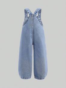SHEIN Washed Denim Bib Pants For Baby Girls, Floral Print Loose Jumpsuit - Baby Blue - View 2