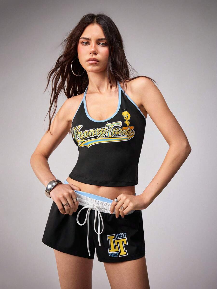 LOONEY TUNES X SHEIN Conjunto de 2 piezas de top halter y shorts con estampado de letras para mujer - Negro - Ver 1