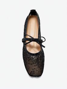 Eladyva Bow-Tie Square Toe Women's Flat, Knitted,Ballet, Low Vamp Ladies' Slip-On, Versatile, Bohemian, Black, White, Beige,Slouchy ,Elegant, Floral - Black - View 8