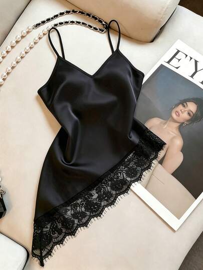 EMERY ROSE Elegant Casual V-Neck Lace Patchwork Asymmetrical Hem Camisole Top, Versatile For Summer Home Party