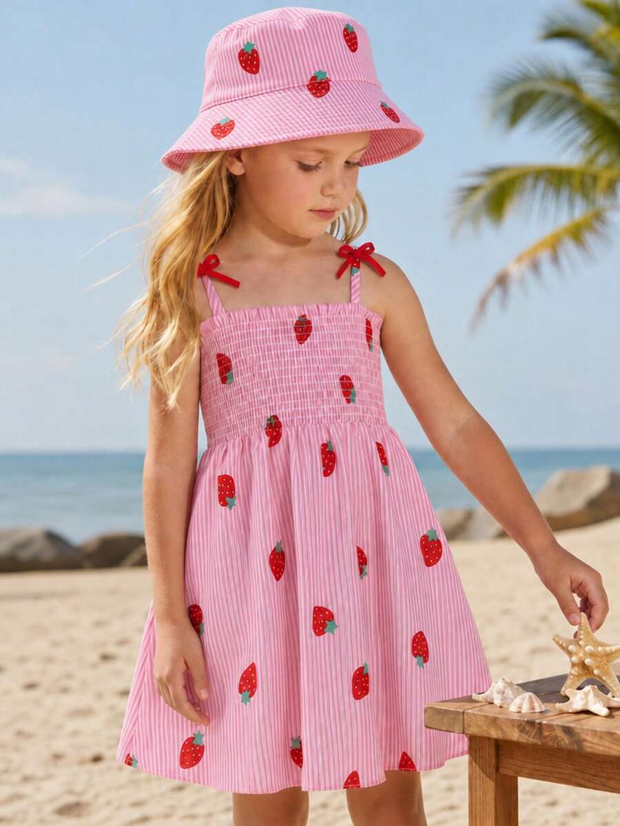 SHEIN Girls' Strawberry Print Sleeveless Dress,Pastel Pink Pink & White Striped Pattern,Summer Beach Holiday Sweet & Lively For Spring/Summer Outings - Pink - View 1