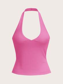 SHEIN BASICS Casual Solid Color Knit Halter Neck Women's Top - Hot Pink - View 9