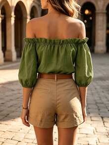 Balvessa New Arrival French Style Off Shoulder Petal Sleeve Top - Green - View 2