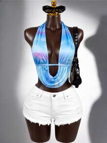 SaltGleam SaltGleam Áo hai dây hở lưng cổ yếm in họa tiết tie-dye gợi cảm dành cho nữ, trang phục thường ngày đi biển. - Nhiều màu - Xem 1