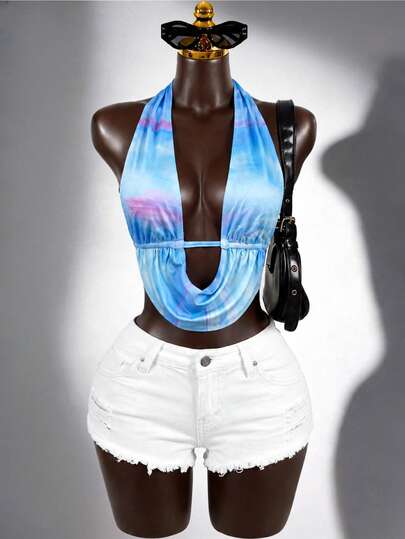 SaltGleam SaltGleam Women's Tie-Dye Print Sexy Halter Backless Camisole, Casual Beach Holiday Wear