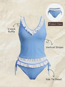 Swim Mod Bộ đồ bơi nữ 2 mảnh camisole & bikini vải in sọc trang trí ren trắng buộc dây, phong cách ngọt ngào thanh lịch cho quý cô đi biển, tiệc tùng, lễ hội, hòa nhạc nhạc đồng quê và kỳ nghỉ - Màu xanh lam - Xem 3