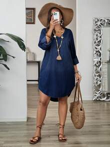 EMERY ROSE EMERY ROSE Vestido de mezclilla casual con cuello en V, mangas con volantes y bajo asimétrico para mujer de talla grande - Azul lavado oscuro - Ver 6
