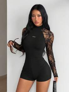 SHEIN ICON Bộ áo liền quần dài tay phối ren tương phản dành cho nữ - màu đen - Xem 3