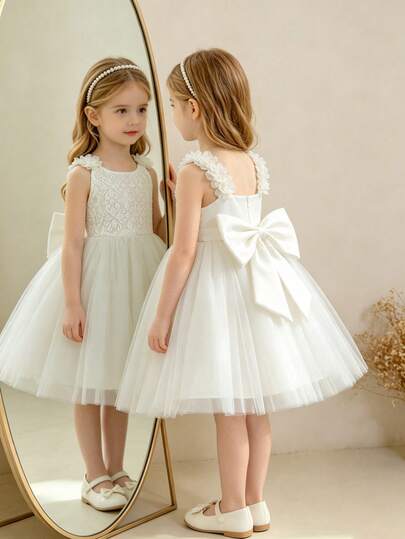 Glamorique Kids 女童花朵吊带露背网纱公主裙，生日派对花童礼服，女婴蕾丝连衣裙