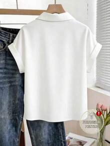 Franclia Camisa de mujer casual y versátil con bordado floral y decoración de perlas de abotonadura sencilla para uso diario - Multicolor - Ver 2
