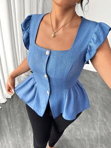 Elenzga Summer Fashionable Casual French Retro Elegant Vacation & Commute Square Collar Cap Sleeve Blouse - Blue - View 5