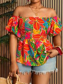Villa Velisse Plus Size Women Tropical Plant Off Shoulder Short Petal Sleeve Blouse - Multicolor - View 5