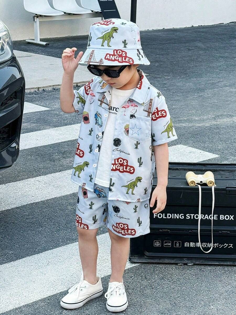 Bộ 2 món kiểu Hàn Quốc dễ thương dành cho bé trai, gồm áo khoác cardigan cổ polo tay ngắn và quần short màu trơn, họa tiết hoạt hình, thích hợp cho dã ngoại, đi học, mùa xuân/hè. - Màu xanh lam - Xem 1