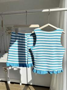 2pcs/Set Striped Bow Tie Sleeveless Crop Top,Ruffle Hem Shorts Set For Teenage Girls,Summer,Cute,Matching,Family Vacation,Sweet & Spicy Style Outfit - Multicolor - View 2