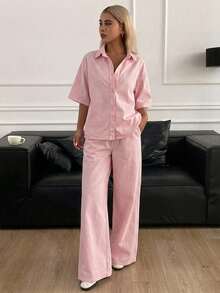 DAZY Damen Sommer Set mit Umlegekragen 3/4 Arm Jeanshemd und weiter lässiger Denim-Hose, 2-teiliges Set, unisex lässiger Jeans-Outfit - Pink - Übersicht 2
