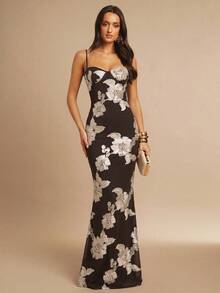 Fitted Strappy Dress With 3D Floral Print - Multicolor - View 3