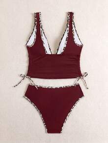 Oceva Bộ 2 món tankini nữ mùa hè phong cách tối giản đi biển, áo crop top nhún bèo phối viền màu trơn & họa tiết da báo, quần cạp cao phối viền màu trơn & họa tiết da báo dáng tam giác - Màu Đỏ Sâu - Xem 7
