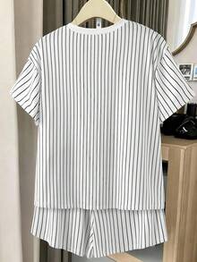 Sweetra Summer Striped Casual Loose Short Sleeve Shorts Set, Lemon Print Loungewear Suitable For Daily Casual Wear - White - View 2