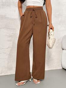 SHEIN PETITE 3packs Summer Pants Women's Solid Color Waist-Tie Wide Leg Loose Casual Pants Work Pants ,Petite Women - Black - View 4