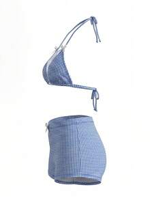 Sweetra Women's Sweet Plaid Textured Triangle Cup Halter Neck & Hipster Bikini Set For Summer Beach Vacation - Blue - View 3