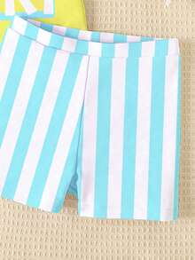 2pcs/Set Young Boys' Casual Loose Short Sleeve T-Shirt And Shorts Swimwear,Striped Surfboard & Palm Tree Print Summer Beach Holiday Outfit Sets - Multicolor - View 5