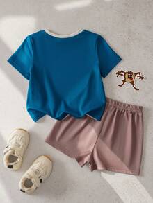 LOONEY TUNES X SHEIN Baby Boy Summer Casual Daily Commute Cartoon Print Contrast Color Short Sleeve T-Shirt And Shorts Set - Dark Green - View 2