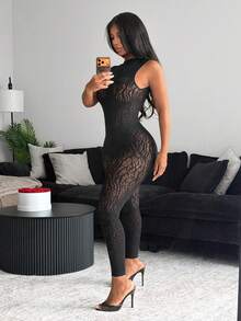 BamGleam 女士性感镂空透视连体衣无袖渔网连体衣 - 黑色 - 查看 5
