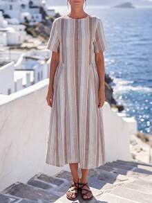 Faunlyn Women's Striped Multicolor Button Half-Placket Round Neck Dress - Multicolor - View 3