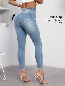 SHEIN Essnce 高腰緊身牛仔褲 - 中等水洗藍 - 查看 1