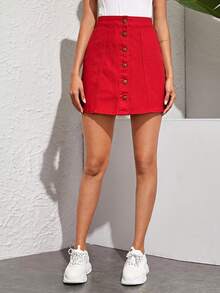 SHEIN Essnce Chân váy denim ngắn một hàng cúc dành cho nữ, thích hợp mặc thường ngày hoặc đi làm. - Đỏ - Xem 5