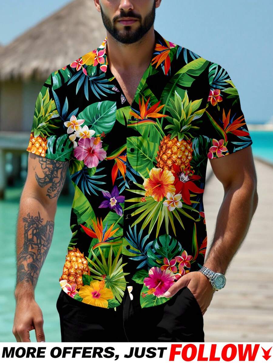 VIVINTIMO 男士热带夏威夷衬衫:活力花卉菠萝印花短袖纽扣衬衫,常规版型,梭织面料,适合夏季、夏威夷派对、男士热带衬衫、男士夏威夷衬衫、男士菠萝衬衫、假日穿着 - 彩色 - 查看 1