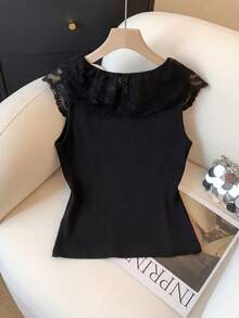 GlowEve Áo croptop ngắn màu đen không tay viền ren xếp nếp dành cho nữ mùa hè, kiểu dáng thời trang. - màu đen - Xem 2