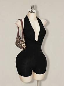 SHEIN ICON Y2K Sommer Damen Club Schwarzer Sexy Ausgehparty Abschlussball einfarbiger tiefer drapierter Ausschnitt Neckholder Romper - Schwarz - Übersicht 12